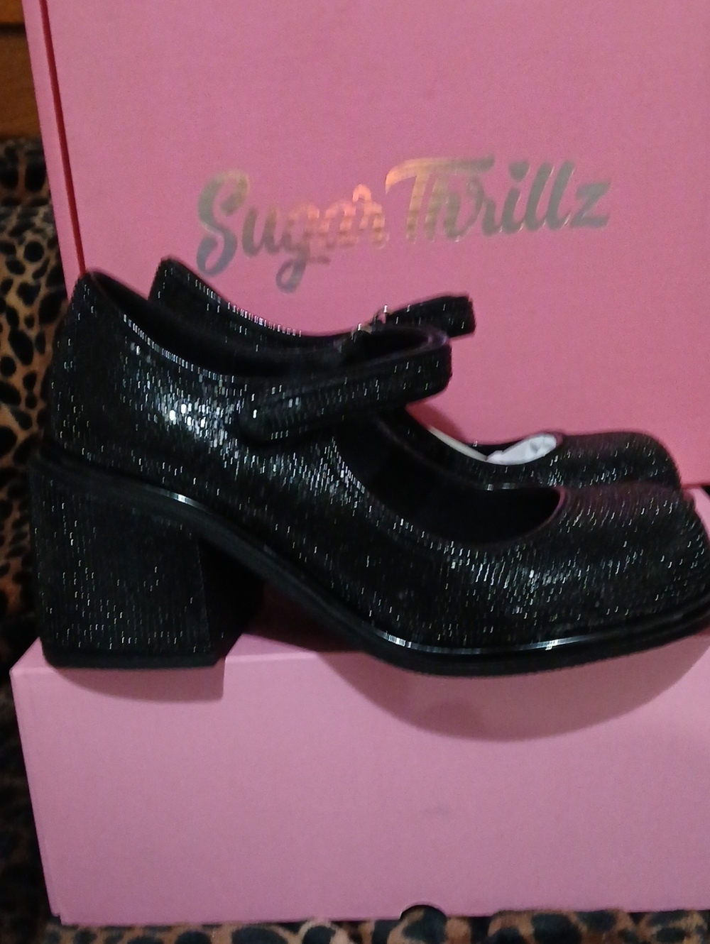 Sugar Thrillz Black Rhinestone Mary Jane Block Heels
